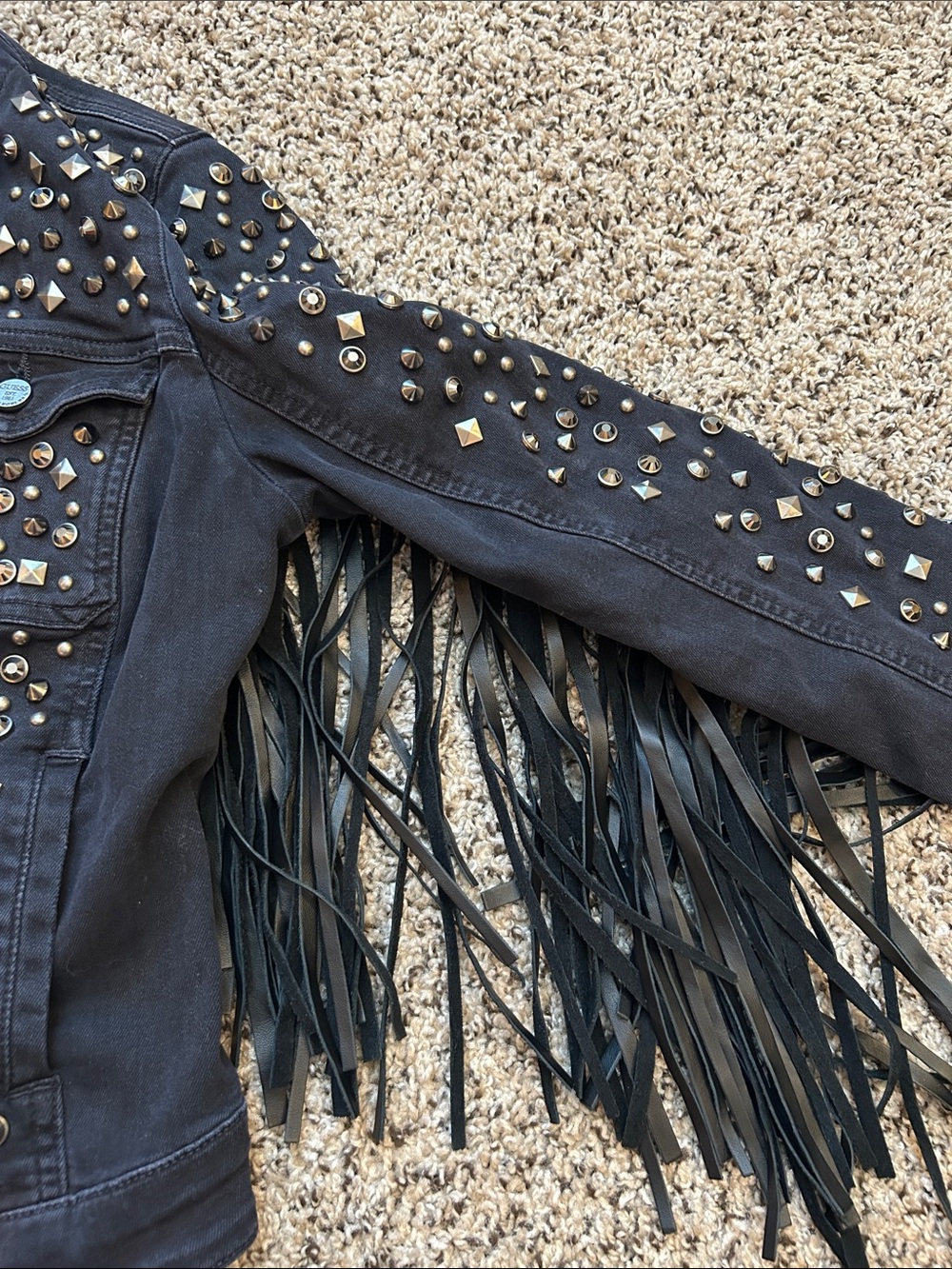 Guess Black Studded Fringe Denim Jacket - Picture 3 of 6